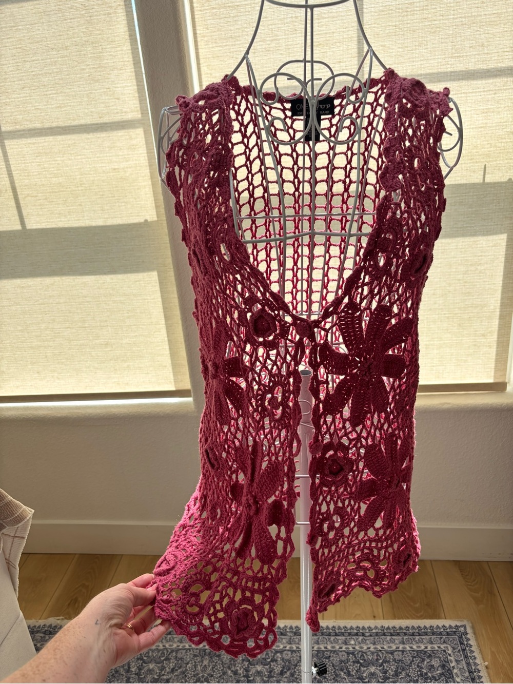 Vintage One Step Up Womens Crocheted Pink Vest, Whimsy, Cottagecore